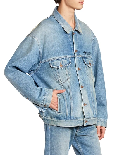 Shop Balenciaga Large Fit Logo Denim Jacket In Medium Vintage Indigo