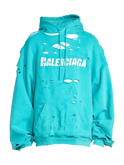 Shop Balenciaga Destroyed Logo Hoodie In Turquoise White