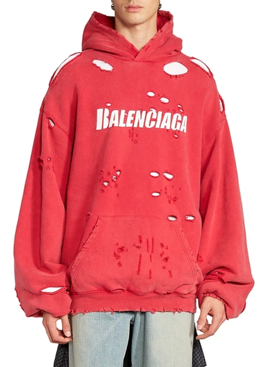 Shop Balenciaga Destroyed Logo Hoodie In Raspberry White