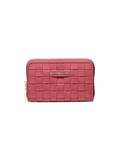 Shop Michael Michael Kors Small Jet Set Woven Leather Card Case In Pink