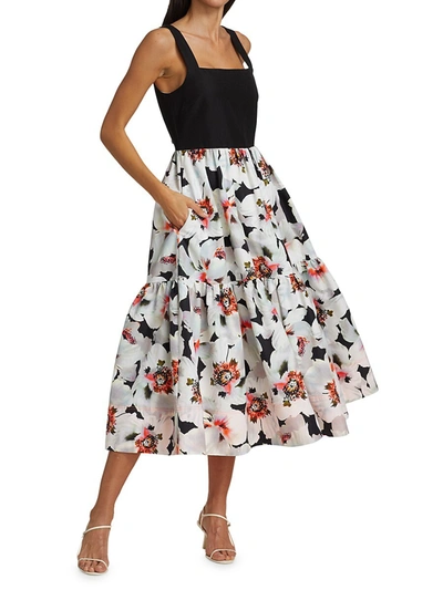 Shop Tanya Taylor Gia Floral Midi Dress In Large Scale Poppy Black White Multi
