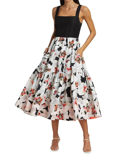 Shop Tanya Taylor Gia Floral Midi Dress In Large Scale Poppy Black White Multi