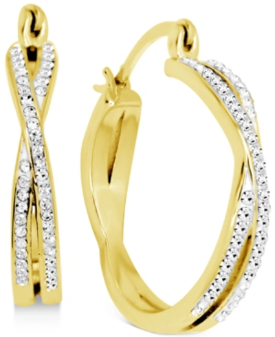 Essentials Crystal Small Crossover Hoop Earrings, 0.95" In Silver Plate Or Gold Plate In Gold