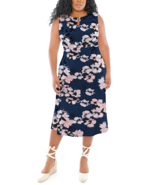 London Times Plus Size Floral-print Midi Dress In Navy/blue | ModeSens