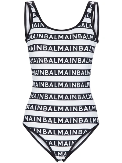 Shop Balmain Striped-logo Scoop-neck Swimsuit In White ,black