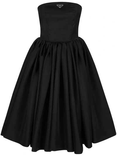 Shop Prada Re-nylon Logo Strapless Flared Dress In Black