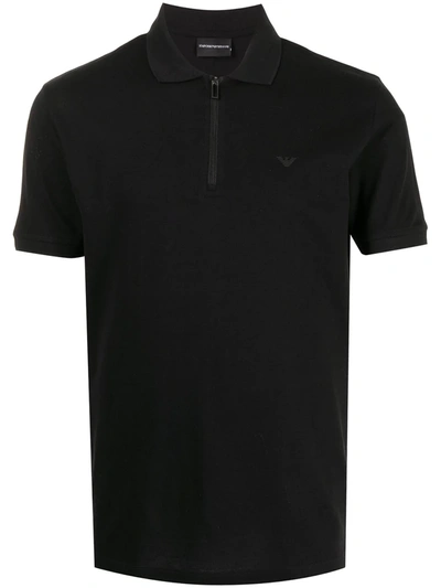 Shop Emporio Armani Zipped Cotton Polo Shirt In Black