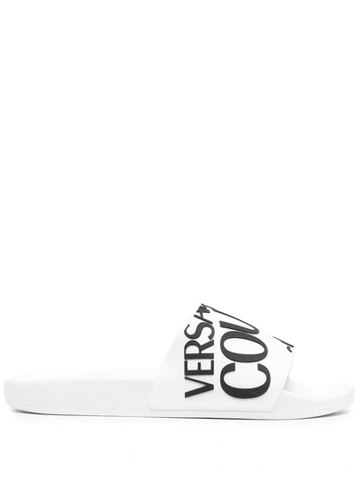 Shop Versace Jeans Couture Logo Print Slides In White
