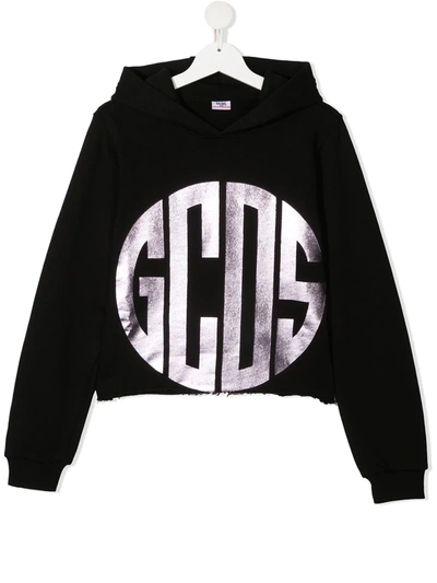 Shop Gcds Teen Foil Logo Print Cropped Hoodie In Black