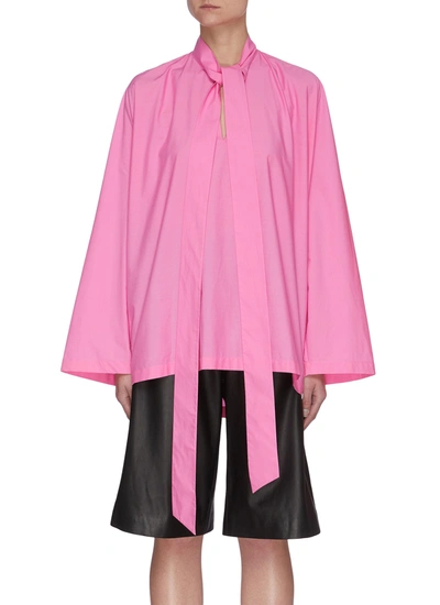 Shop Balenciaga Neck Tie Long Sleeve Cotton Top In Pink