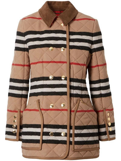 Shop Burberry Icon Stripe Quilted Jacket In Brown