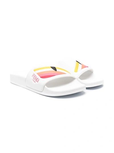 Shop Fendi Teen Embossed Logo Slides In White