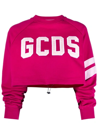 Shop Gcds Embroidered-logo Cropped Cotton Sweater In Pink