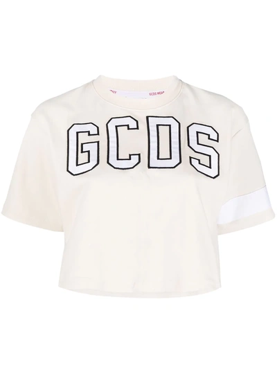 Shop Gcds Embroidered-logo Cotton Sweater In Neutrals