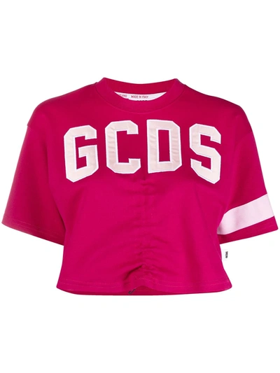 Shop Gcds Ruched Embroidered-logo T-shirt In Pink