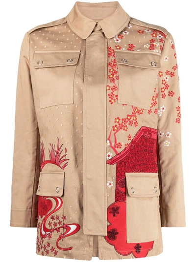 Shop Red Valentino Floral Embroidered Shirt Jacket In Neutrals
