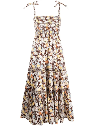 Shop Tory Burch Floral-print Ruched Dress In Brown