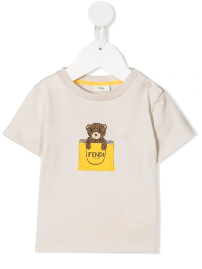 Shop Fendi Ff-logo Bear Print T-shirt In 中性色