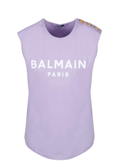 Shop Balmain 3 Button Flocked Logo Tank Top In Pink & Purple