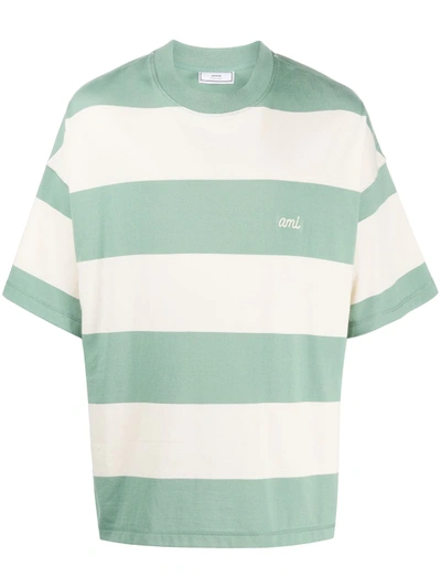 Shop Ami Alexandre Mattiussi Logo-embroidered Striped T-shirt In Neutrals