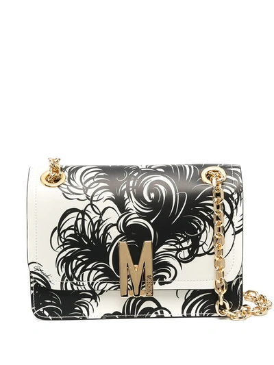 Shop Moschino Feather-print M-logo Shoulder Bag In Black