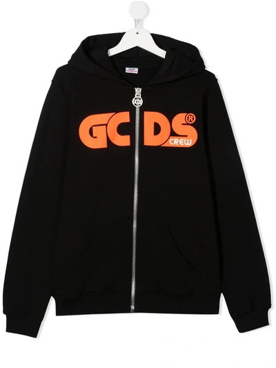 Shop Gcds Teen Logo Print Zipped Hoodie In Black