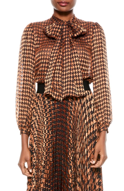 Shop Alice And Olivia Alice + Olivia Lolita Tie Neck Puff Sleeve Blouse In Harvest Houndstooth Md