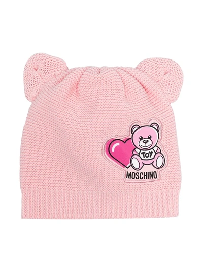 Shop Moschino Teddy Bear-print Knitted Beanie In Pink