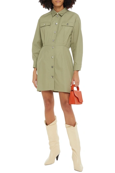 Shop Sandro Liana Cotton-twill Mini Shirt Dress In Sage Green