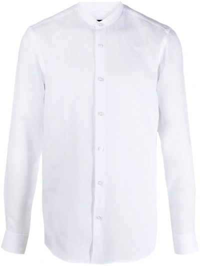 Shop Hugo Boss Band Collar Linen Shirt In White