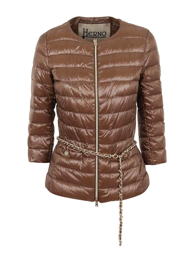 Shop Herno Chain Belt Padded Jacket In Brown