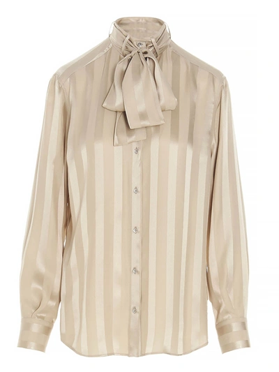 Shop Dolce & Gabbana Bow Striped Blouse In Beige