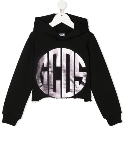 Shop Gcds Foil Logo Print Cropped Hoodie In Black