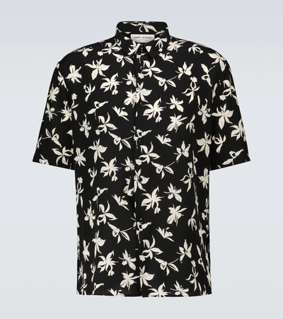 Shop Saint Laurent Short-sleeved Floral Silk Shirt In Black