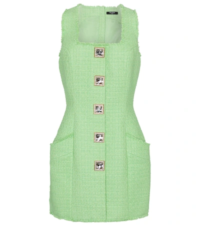 Shop Balmain Embellished Tweed Minidress In Green