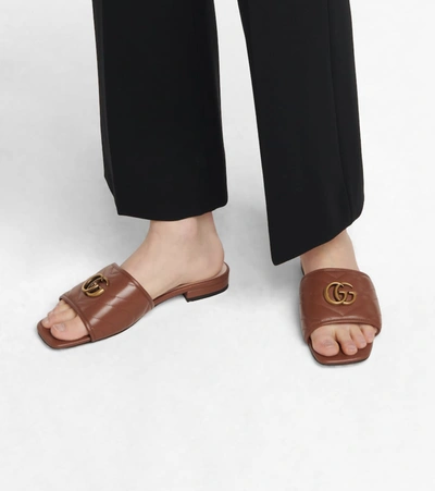 Shop Gucci Double G Leather Sandals In Brown