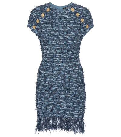 Shop Balmain Bouclé Tweed Minidress In Blue