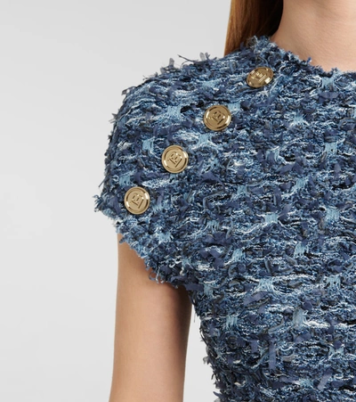 Shop Balmain Bouclé Tweed Minidress In Blue