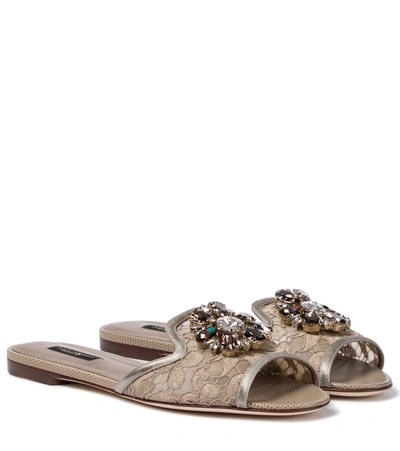 Shop Dolce & Gabbana Bianca Embellished Lace Slides In Beige