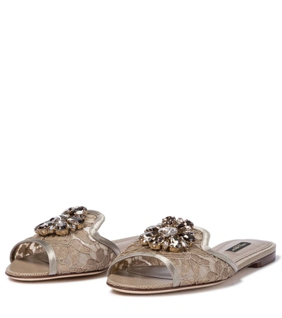 Shop Dolce & Gabbana Bianca Embellished Lace Slides In Beige