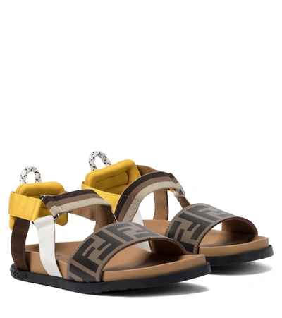 Shop Fendi Ff Leather And Canvas Sandals In Yellow