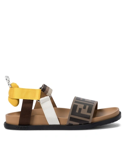 Shop Fendi Ff Leather And Canvas Sandals In Yellow