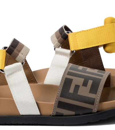 Shop Fendi Ff Leather And Canvas Sandals In Yellow