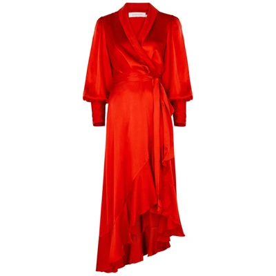 Shop Zimmermann Red Ruffle-trimmed Silk-satin Wrap Dress