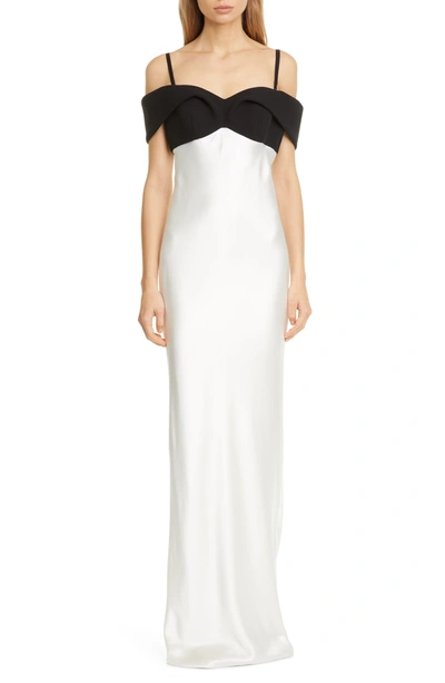 Shop Brandon Maxwell Contrast Cold Shoulder Bodice Sheath Gown In Black / Ivory