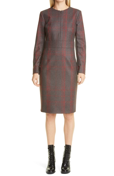 Shop Akris Plaid Long Sleeve Wool Flannel Sheath Dress In Taupe/ Carmin