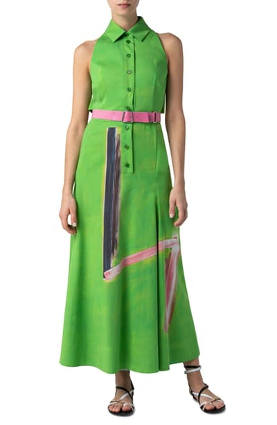 Shop Akris W.t. Print Belted Cotton Maxi Shirtdress In 053-pure Green