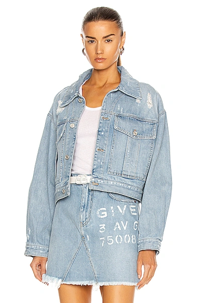 Shop Givenchy Cropped Denim Logo Jacket In Light Blue