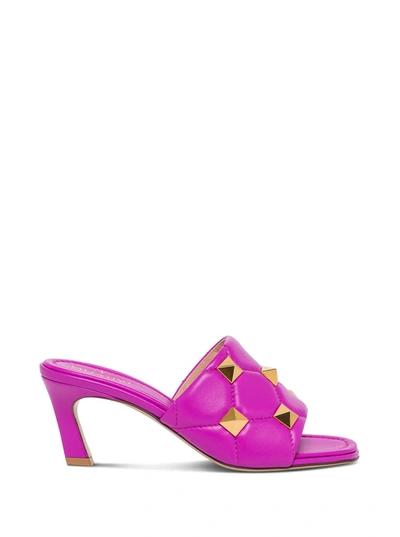 Shop Valentino Quilted Leather Mules With Studs In Fuxia