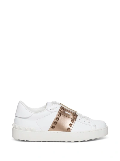 Shop Valentino Rockstud Untitled Sneakers In Leather With Metallic Band Detail In White